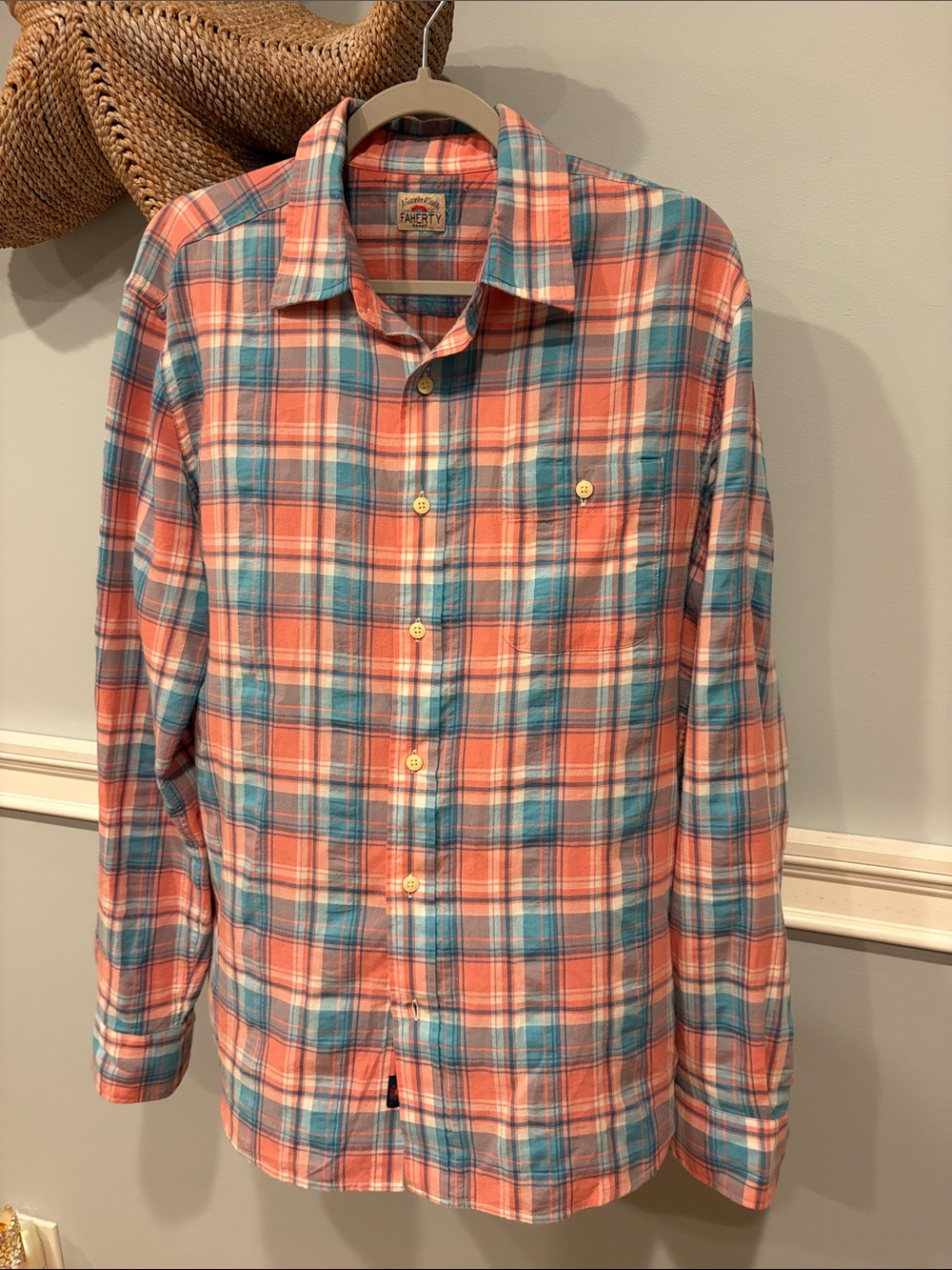 Faherty Coral and Teal Plaid Long-Sleeve Button-Down Shirt